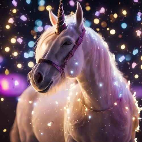 Seekor unicorn dikelilingi bintang-bintang neon yang berkilauan, menerangi malam.