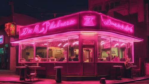 Một quán ăn nhộn nhịp về đêm, chìm trong ánh sáng ấm áp của những bảng hiệu đèn neon màu hồng nóng bỏng.