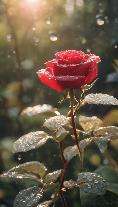 A botanical garden in the soft glow of early morning, dewdrops on exotic and local flowers adding an ethereal touch. There's a muted background with blurred plants and trees, and a closeup of a bright red rose glistening in the sun.