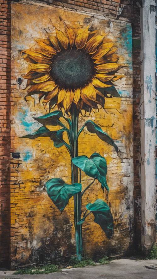A grungy street mural of a vibrant sunflower.