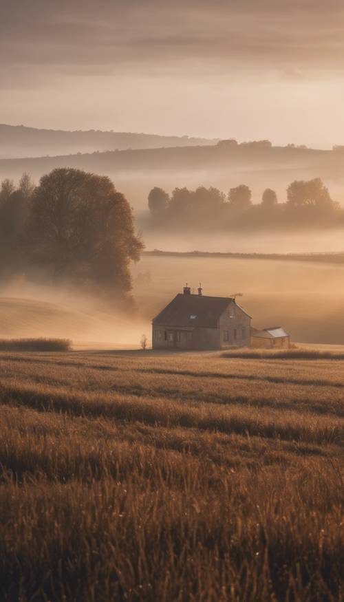 Una casa de campo de color beige oscuro al amanecer, con una ligera niebla colgando sobre los campos.
