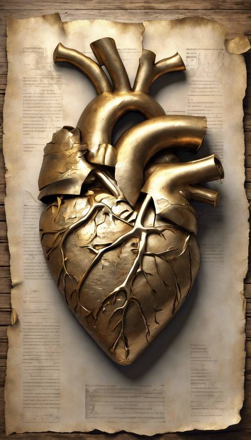 A realistic 3D rendering of a broken heart, made of golden metal, lying on an ancient scroll.