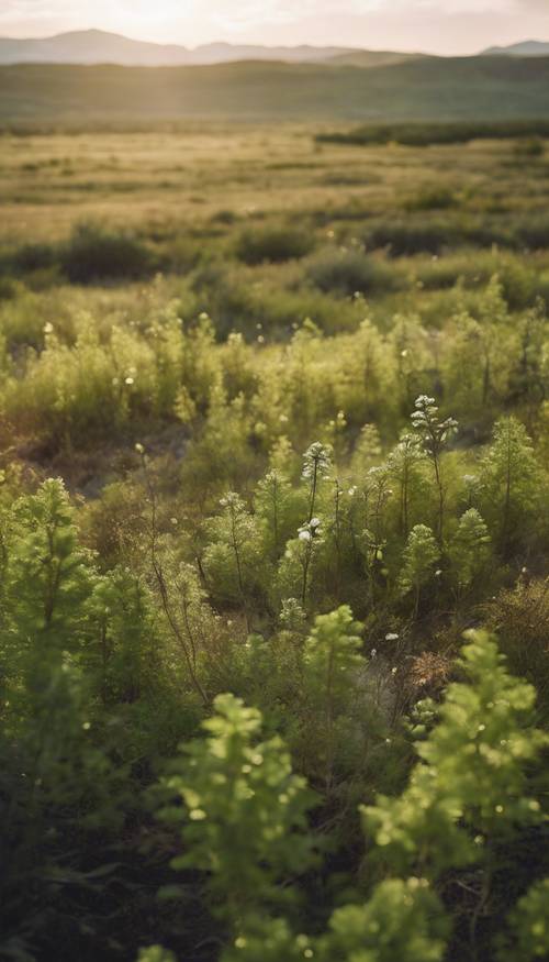 夏季苔原的圖像，在溫暖的天空下，稀疏的綠色植物點綴著廣闊平坦的景觀。 牆紙 [4c70c53737304b82925d]