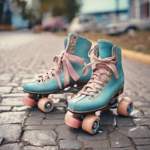 Vintage roller skates from the 70s, painted in faded pastel colors, lying on the pavement.