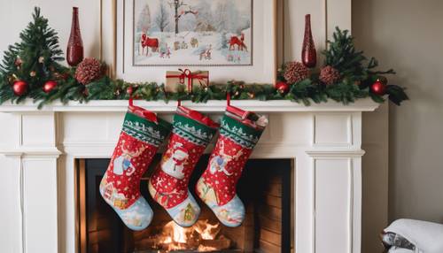 Uma lareira adornada com meias de Natal bordadas em uma casa decorada com estilo colegial.