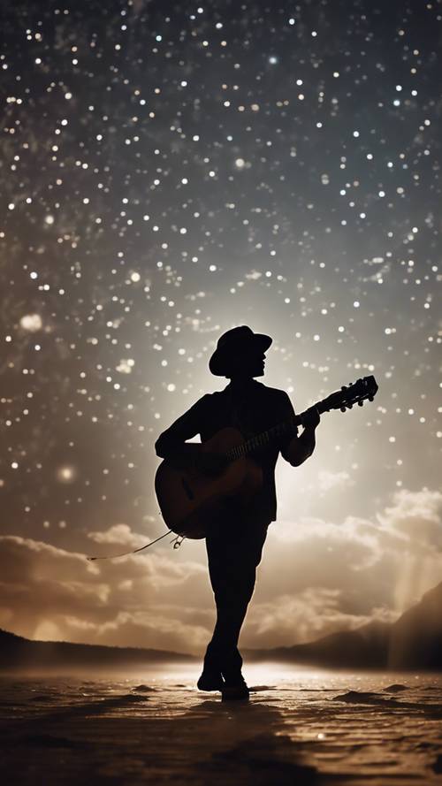 La silhouette d’un guitariste solitaire jouant une mélodie sereine sous un ciel étoilé.