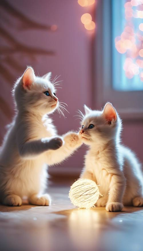 Deux adorables chatons blancs jouant avec une boule de guirlandes dans une pièce illuminée par la lueur rayonnante des lumières LED sur le thème de l&#39;an 2000.