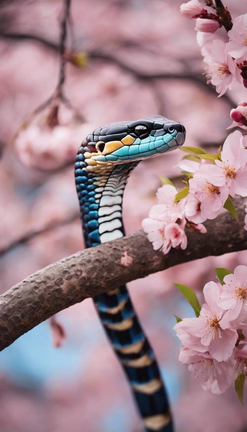 A regal king cobra in opalescent colors sprawling on a cherry blossom branch.