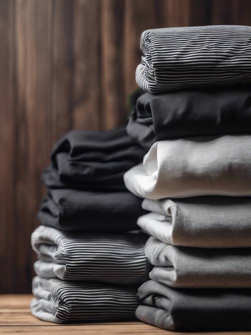 Uma pilha de camisetas minimalistas em preto, branco e cinza cuidadosamente dobradas sobre uma mesa de madeira escura.
