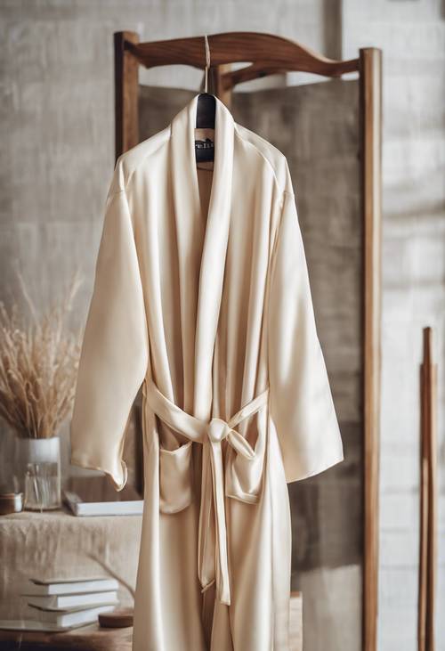 A cream-colored silk robe hanging on a wooden hanger in a posh boutique. Tapeta [35582eee1b9443369274]