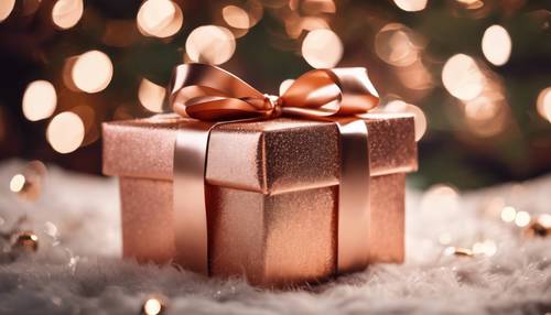 Şenlikli bir Noel ağacının altında, parıldayan fiyonklu açık pembe altın hediye kutusu.