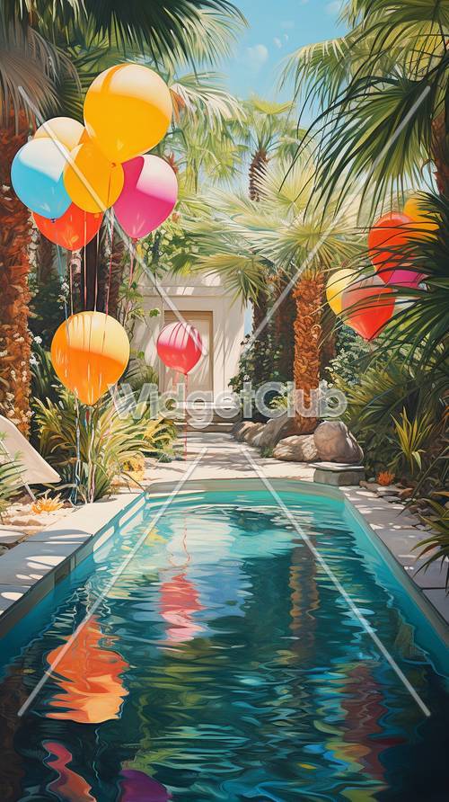 Globos vibrantes junto a la piscina en un oasis tropical