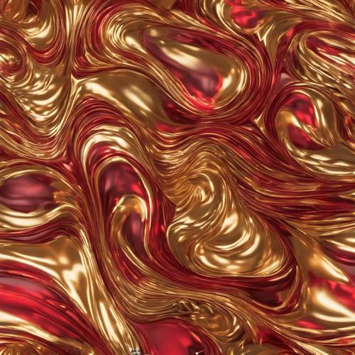 Abstract swirling pattern intermixing warm shades of red and shimmering gold.