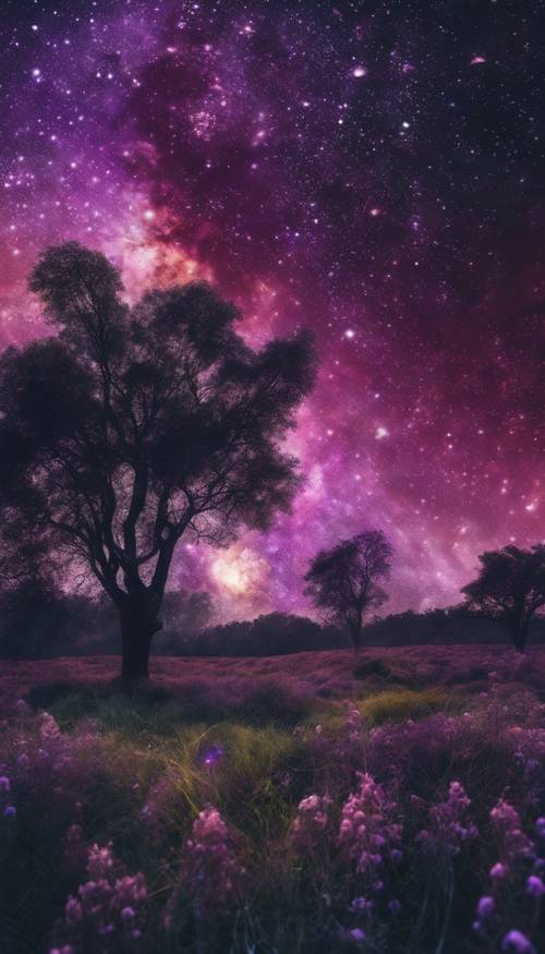 Bintang Gelap, bersinar menakutkan dengan sedikit warna ungu di tepinya, di bidang nebula yang berkilauan.