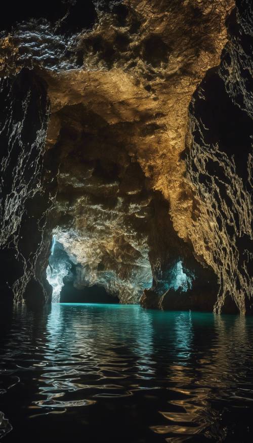 輝くクモヒカリで照らされた洞窟の中の黒い池