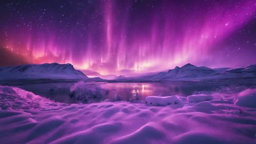 Exóticas auroras boreales de color púrpura sobre una tierra nevada y serena, una famosa cita sobre la aventura y la exploración brillando en el cielo.