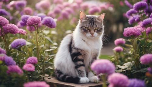 Kot z różowo-fioletowym futrem w kwiatowe wzory siedzi w ogrodzie.