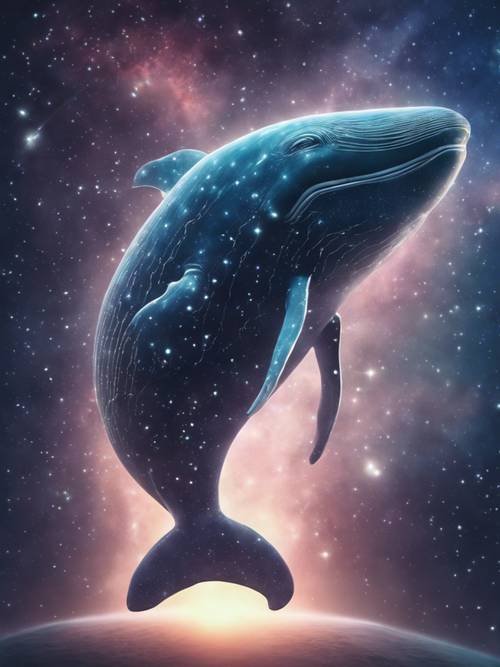 Eteryczna wizja półprzezroczystego wieloryba-widma, uroczyście dryfującego w przestrzeni kosmicznej pośród gwiazd i galaktyk.