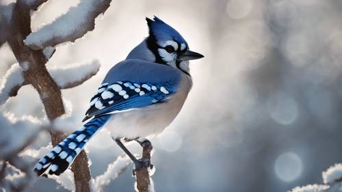 A blue jay perched on an icy branch on a winter morning. Tapeta [f9e2001cad41448f94a7]