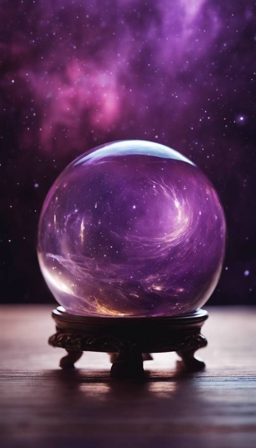 Una sfera di cristallo con intricate aurore viola che turbinano al suo interno. Sfondo [f34b865588e74b86829b]