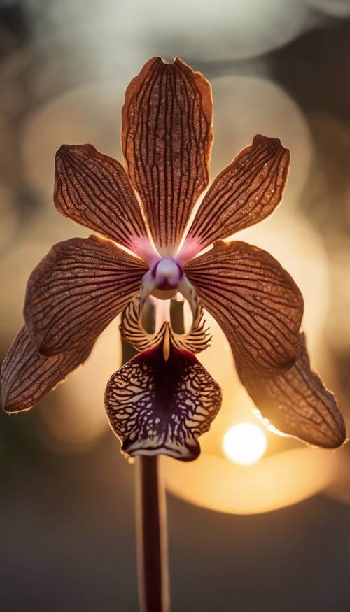 Uma intrincada orquídea marrom capturando os últimos raios do sol poente.