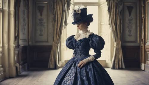 Seorang wanita Victoria mengenakan gaun yang terbuat dari damask biru tua.