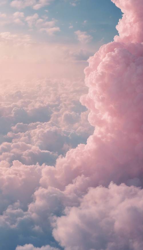 Morbide nuvole pastello sospese in un cielo di quarzo rosa e blu serenità.