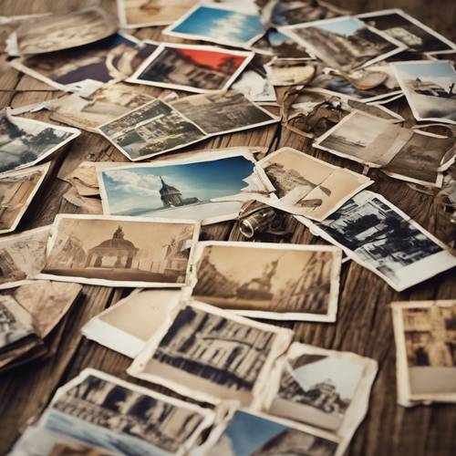 Cartes postales françaises anciennes éparpillées sur une table en bois.