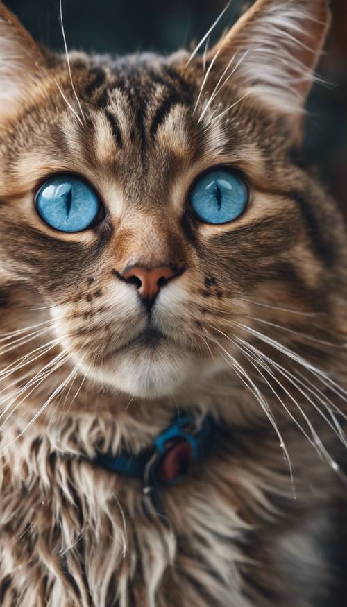 Eine Nahaufnahme einer wunderschönen blauäugigen braun getigerten Katze.