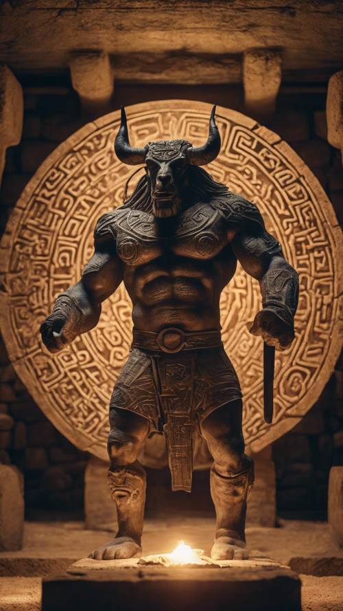 A stone-made minotaur with glowing runes etched onto its body, patrolling an ancient labyrinth illuminated by magical torchlight.