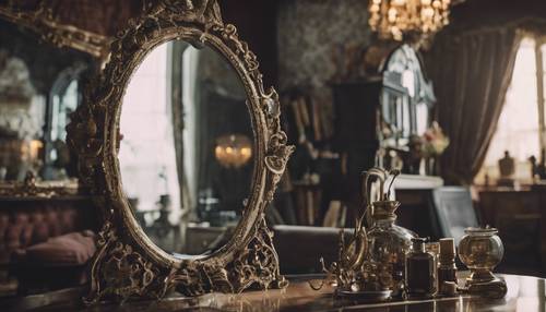 An ornate gothic mirror reflecting a room filled with vintage items. Tapet [aded0ce484434241b491]