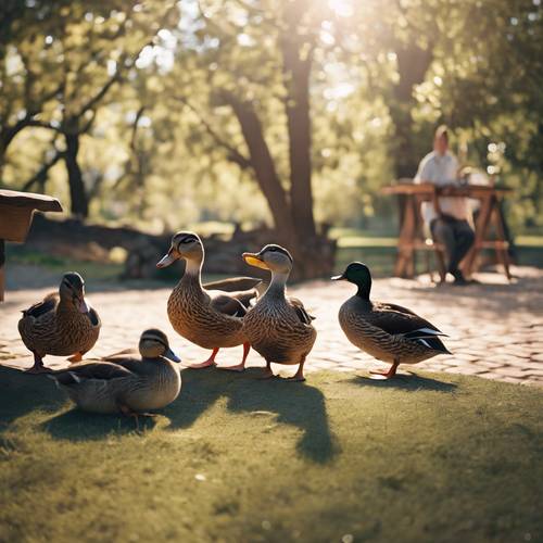 Sessiz bir piknik alanının etrafını merakla araştıran bir grup ördek.