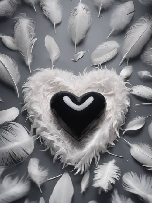 Un corazón negro rodeado de estructuras blancas parecidas a plumas, como si estuviera siendo purificado.