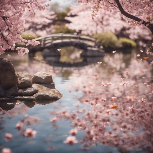반짝이는 잉어 연못에 연분홍빛 벚꽃이 반사되어 매혹적이고 고요한 풍경을 만들어냅니다.