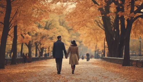 Винтажная открытка, изображающая романтическую пару, идущую рука об руку по парку, наполненному потрясающей осенней листвой.