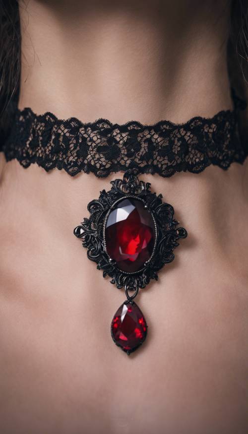 Gothic style black lace choker with a red ruby at the centre
