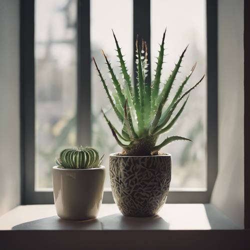 알로에 식물이 자라고 있는 미니멀한 화분이 있는 창 옆 장면.