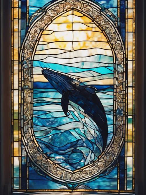複雜的彩色玻璃設計，描繪了陽光明媚的天空下溫柔的鯨魚。