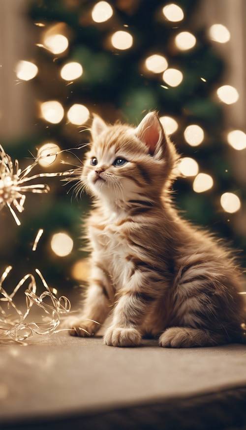可爱的小猫正在玩闪亮的新年金属丝。