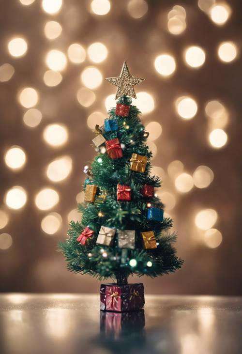 Un sapin de Noël miniature orné de minuscules boîtes cadeaux et d&#39;une petite étoile à son sommet.