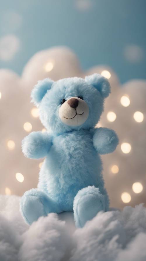 Boneka beruang berbulu halus berwarna biru muda duduk di atas awan lembut.