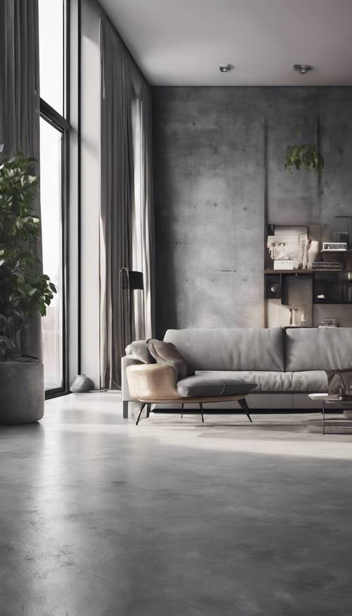 A modern, minimalist living room with smooth, polished gray concrete walls and floor.