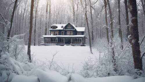 一幅白雪皚皚、寂靜無聲的冬日景象，一座房子坐落在樹林深處，上面有一句名言：“在運動和混亂中，保持內心的寧靜。”以凍結的風格。