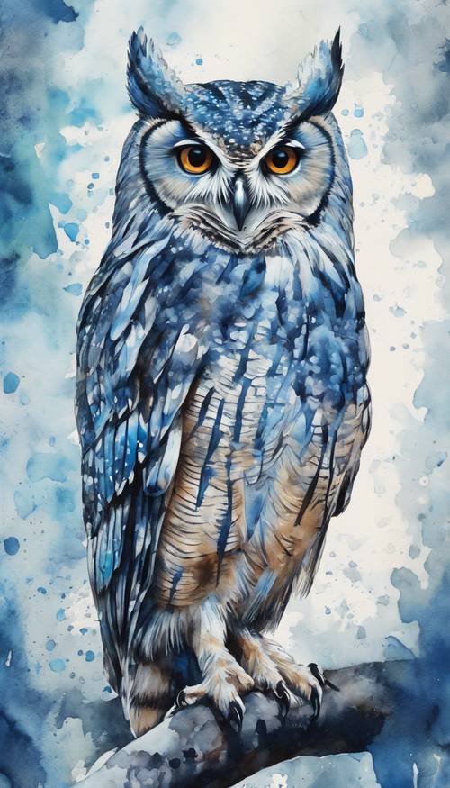 An abstract wide-eyed owl painted with varying shades of blue watercolor.