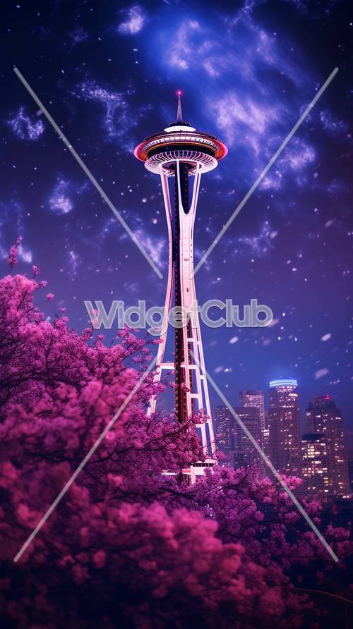 Geceleri Kiraz Çiçekleri ile Seattle Skyline