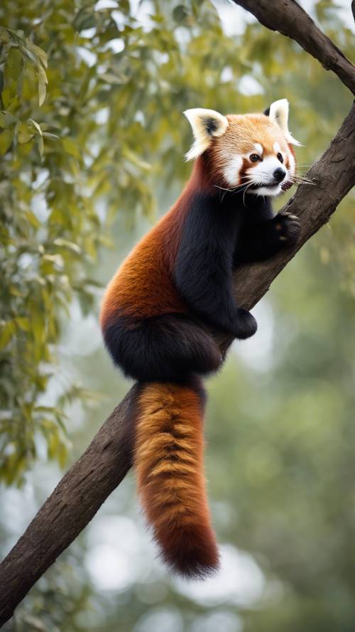 Um panda vermelho caminhando sobre um galho de árvore, com sua longa cauda perfeitamente equilibrada.