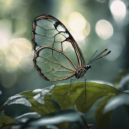 유령 같고 반투명한 Glasswing 나비가 어둡고 신비로운 숲 한가운데 나뭇잎 위에 자리잡고 있습니다.