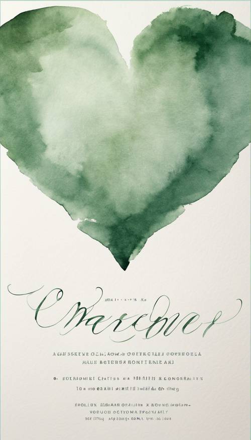 A wedding invitation, with a sage green watercolor heart in the center.