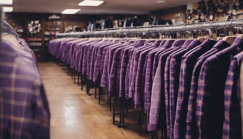 Fileiras de uniformes escolares xadrez roxos pendurados em um brechó vintage