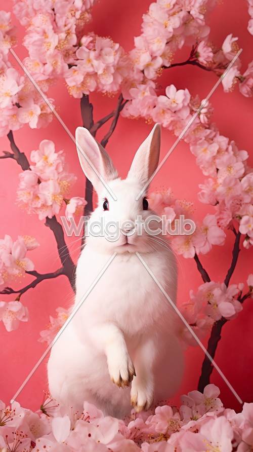 Cherry Blossom Magic with Cute White Bunny